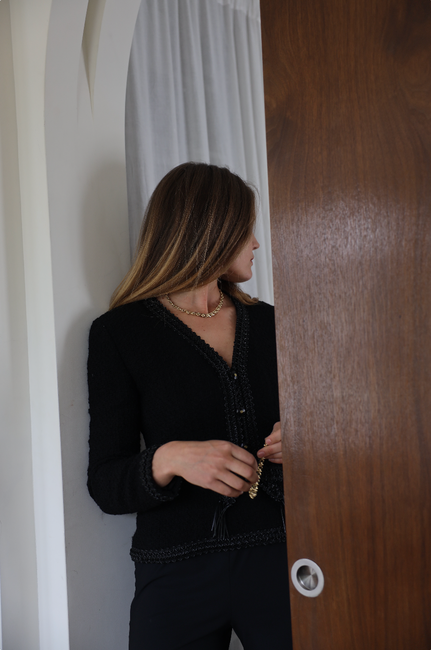 1994 BLACK BOUCLÉ TOP, SIZE 36/38