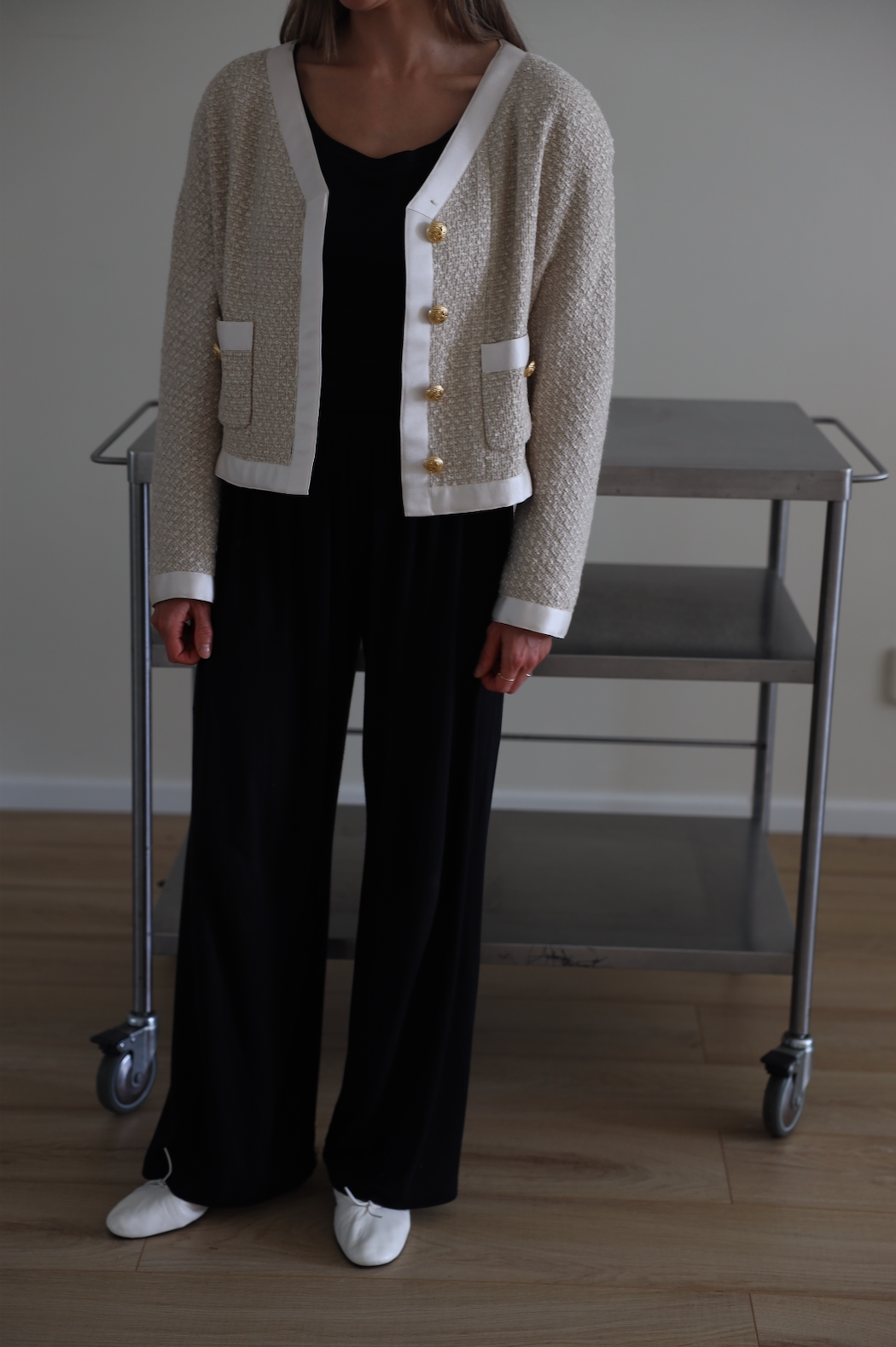 1990 CREAM SATIN TWEED, SIZE 38